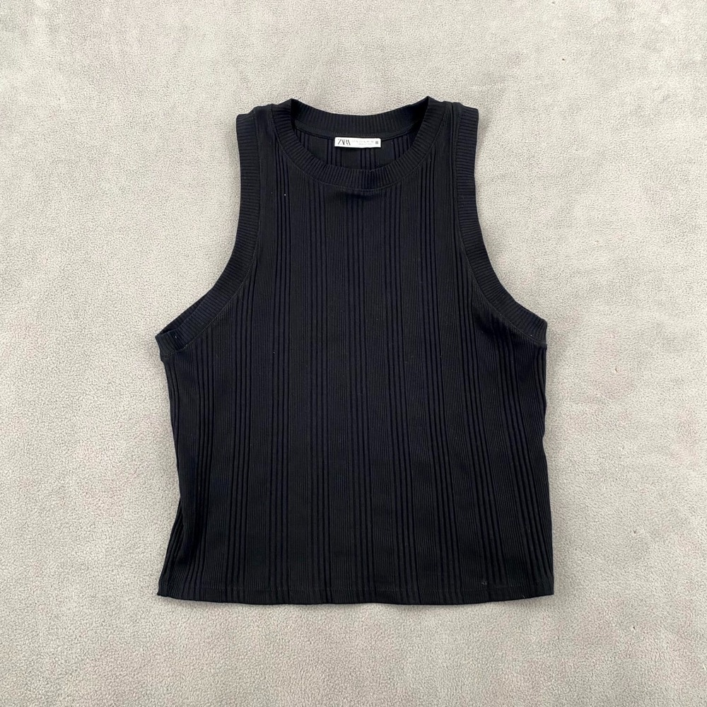 Zara Cropped Tank Top Womens XL Black Knit Ribbed Slim Fit Wide Strap Round Neck